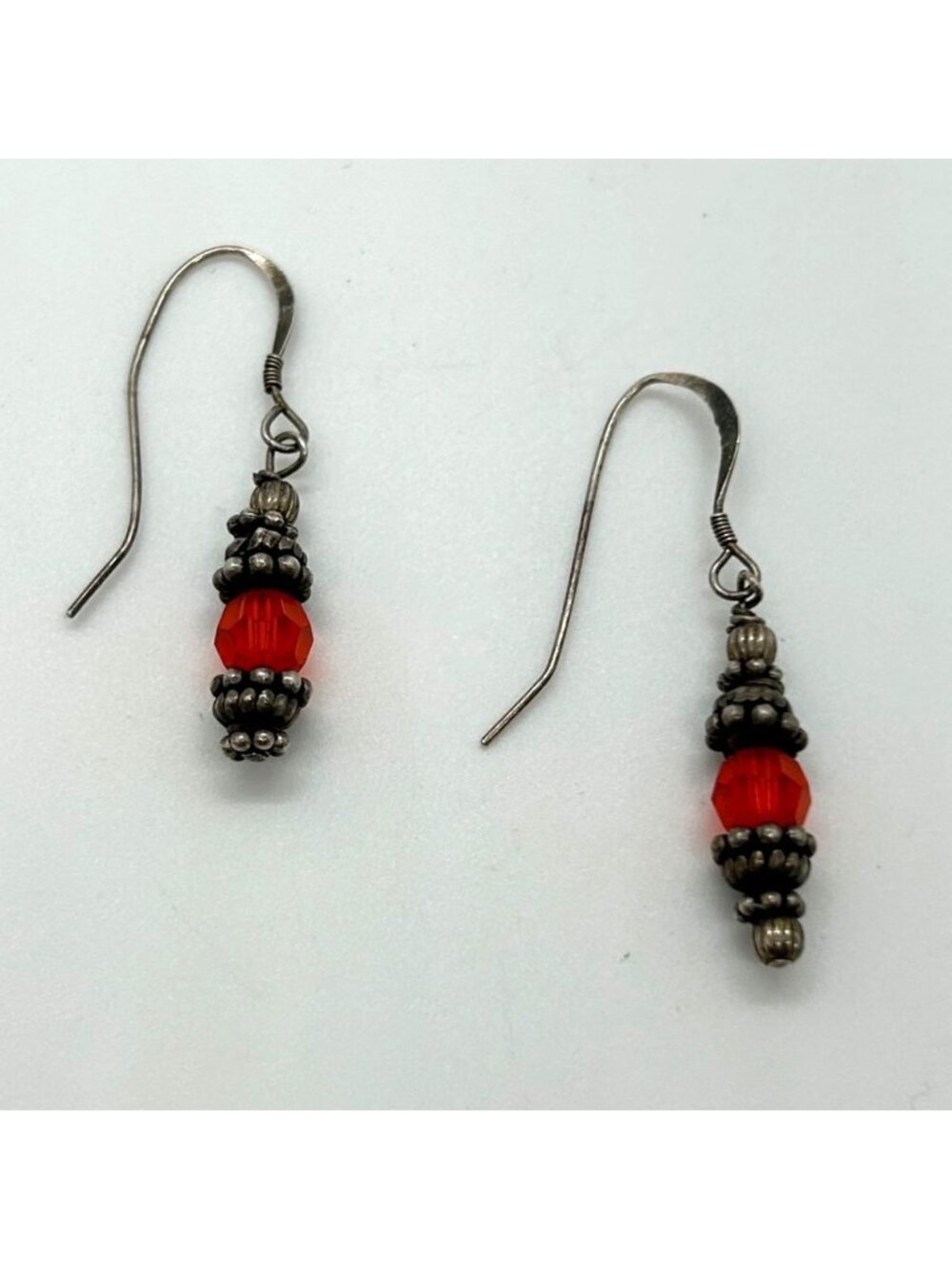 Orange Faceted Beaded Silver Tone Drop Hook Dangle Earrings Retro Vintage